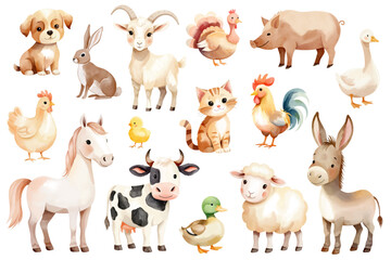 Watercolor farm animals. Cute hand drawn animals. Hen, dog, pig, horse, cat, cow, ship, goat, duck, goose.