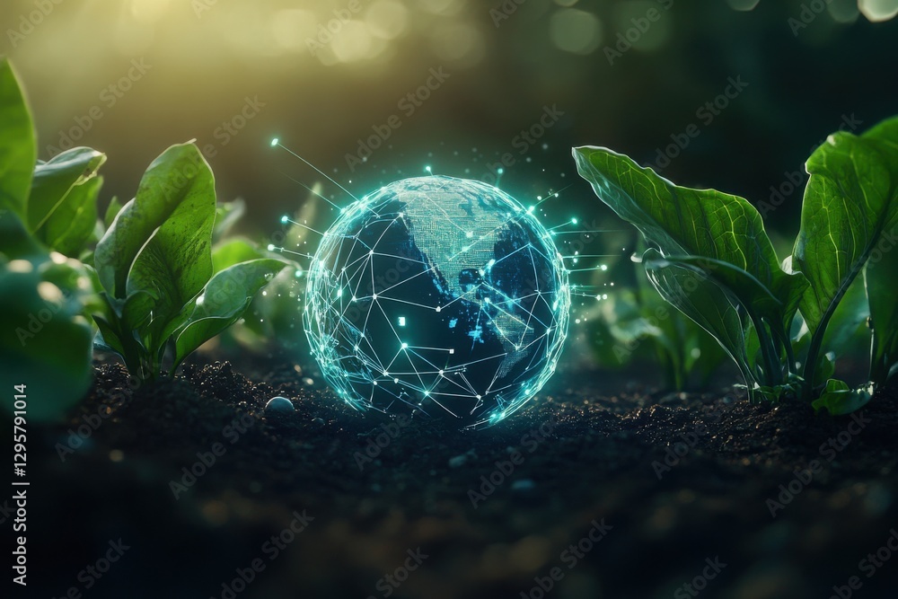 Aufkleber a futuristic scene showing a glowing globe with a digital network overlay