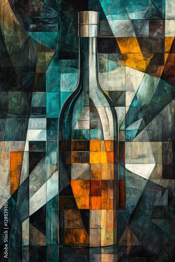 Poster abstract cubist or cubism style painting of a glass bottle, distorted reflections and fragmented tra