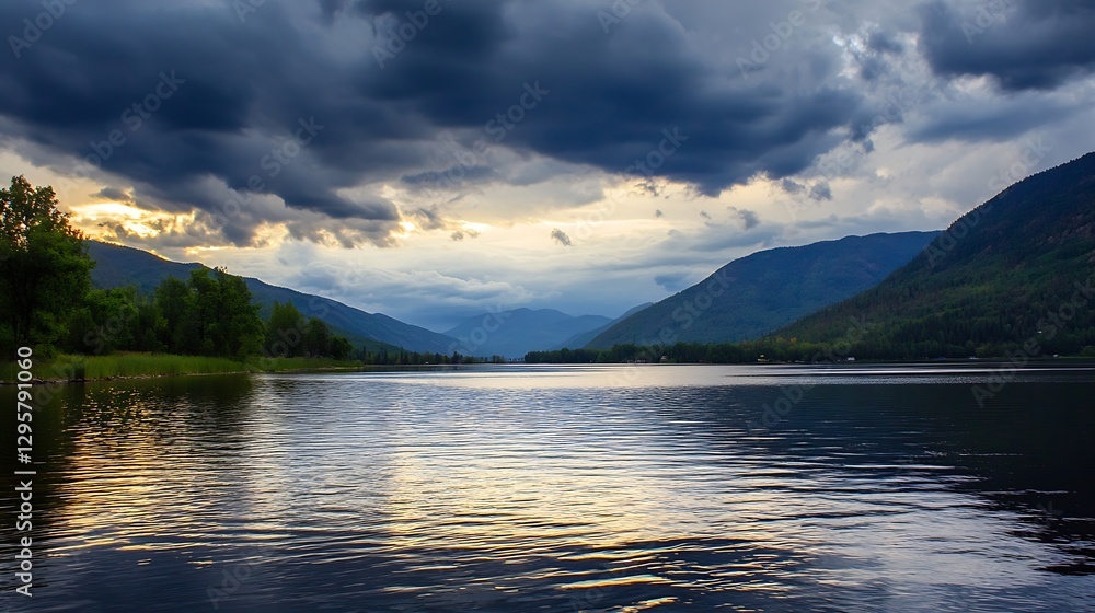 Aufkleber moody dusk over mountain lake surrounded by lush trees and dark clouds : generative ai