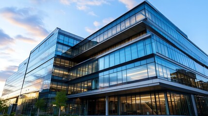 Fototapeta premium Modern Office Building with Glass Facade Reflecting Sunset in Urban Area : Generative AI
