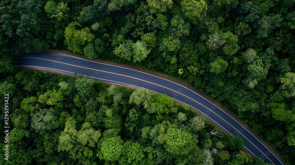 Poster scenic aerial view of winding road through lush green forest surrounded by trees : generative ai