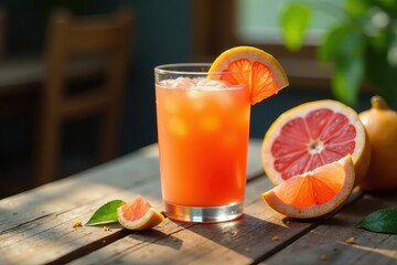 Fototapeta premium Refreshing Citrus Beverage with Ice Cubes in a Glass on Rustic Wooden Surface
