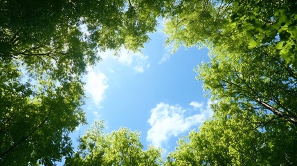 Fototapeta premium Clear Blue Sky Framed by Vibrant Green Leaves of Tall Trees : Generative AI