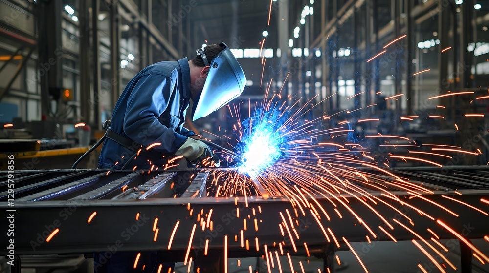 Aufkleber side angle view of a welder intensely focused on their work surrounded by the bright blue and orange
