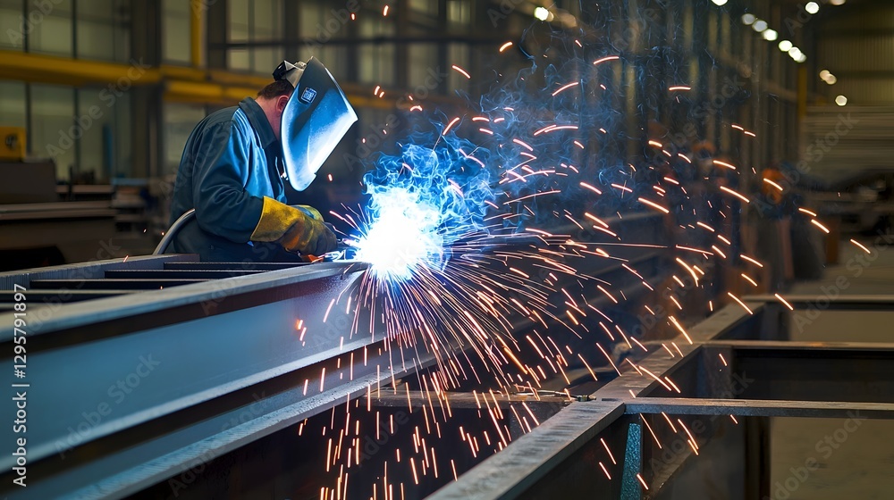 Poster side angle view of welder illuminated by intense blue and orange welding arcs in a dim gritty indust
