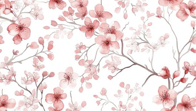 Fototapeta Delicate cherry blossom watercolor seamless pattern