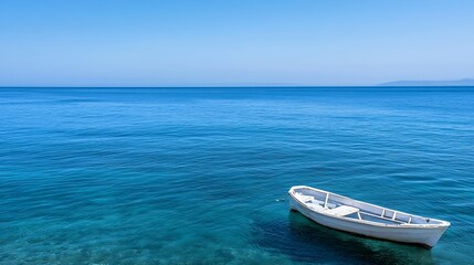 Serene Blue Ocean with a Solo White Boat Floating Calmly in the Water : Generative AI