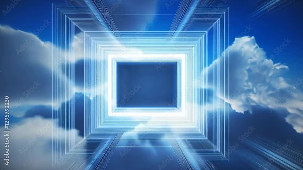 Aufkleber digital artwork featuring futuristic geometric tunnel of glowing squares and lines against blue sky 