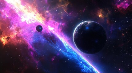 Obraz premium Colorful Cosmic Nebula with Planets in Deep Space Background