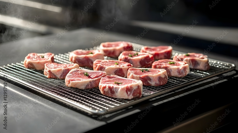 Aufkleber slices of fresh raw meat laid out on a metal mesh rack drying in the warm sunlight with soft shadows