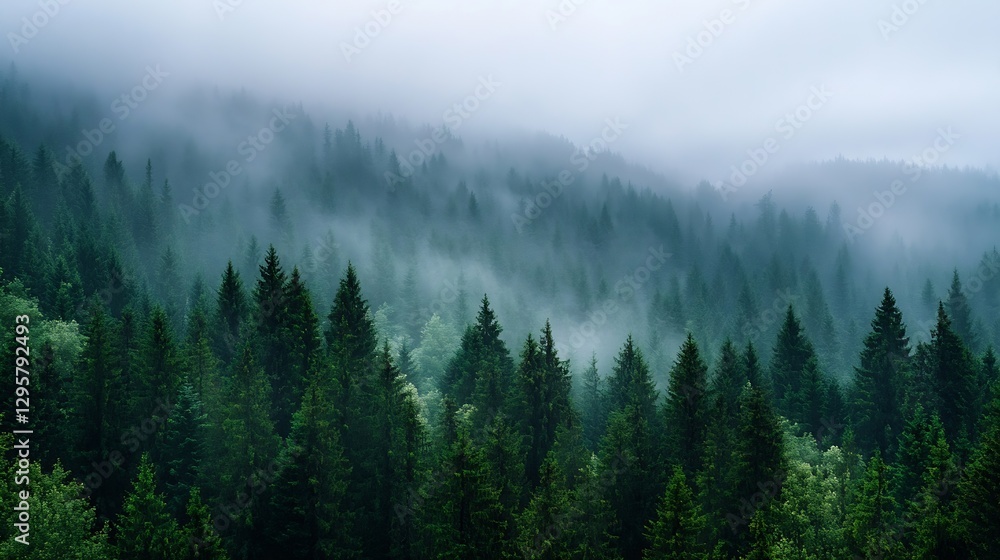 Poster Misty Green Forest Landscape with Lush Trees and Enveloping Fog in Calm Setting : Generative AI