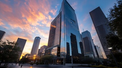 Obraz premium Tall Glass Buildings Reaching the Skies Under a Colorful Sunset : Generative AI