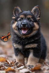  A puppy with a butterfly flying around it's mouth