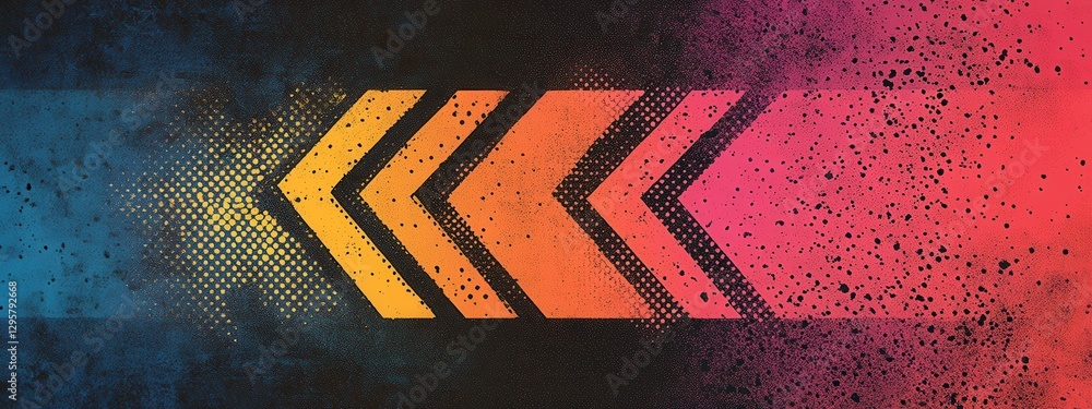 Poster abstract colorful arrow graphic design with dots and splashes on a dark background for modern art an