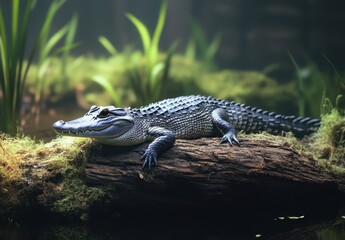 Naklejka premium A Serene Alligator Resting on a Mossy Log in a Tranquil Wetland Environment Surrounded by Lush Greenery and Shimmering Water Reflections