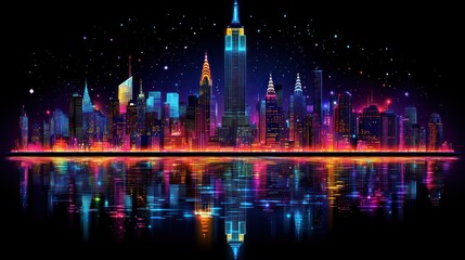 Obraz premium Neon NYC skyline reflected, night view