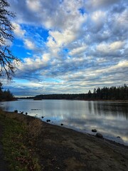 A Pacific Northwest lake reflecting the last bit of light and clouds on a beautiful summer evening. 