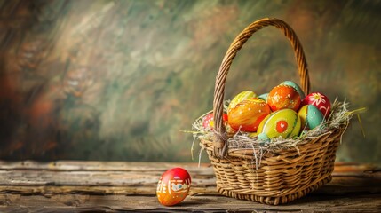 Easter basket filled with painted eggs on a wooden background. Simple, charming design perfect for Easter themes.