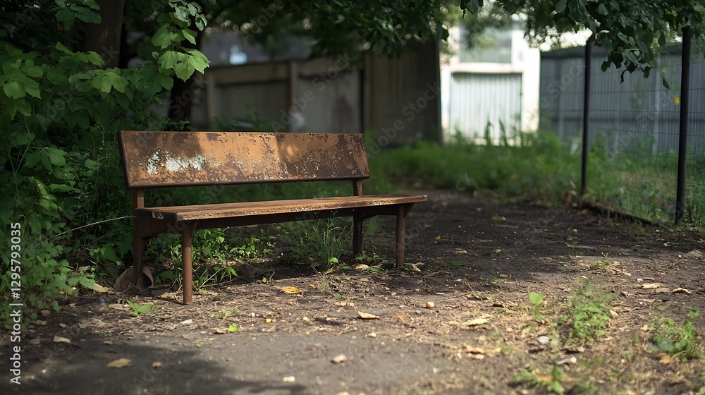 Poster rusty and worn wooden bench in a serene overgrown garden surrounded by greenery : generative ai