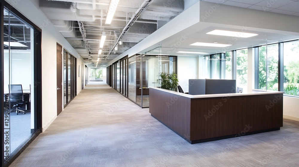 Poster bright and airy office corridor with modern decor and glass walls creating an inviting professional 