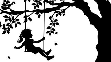 Fototapeta premium Silhouette of a little girl on a swing, a tree branch with leaves, a simple design