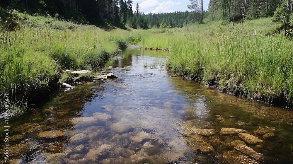 Poster A peaceful stream flowing through green grass and trees in a serene woodland setting : Generative AI