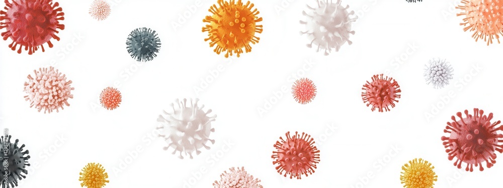 Poster colorful representation of various viruses on a white background illustrating the complexity of micr