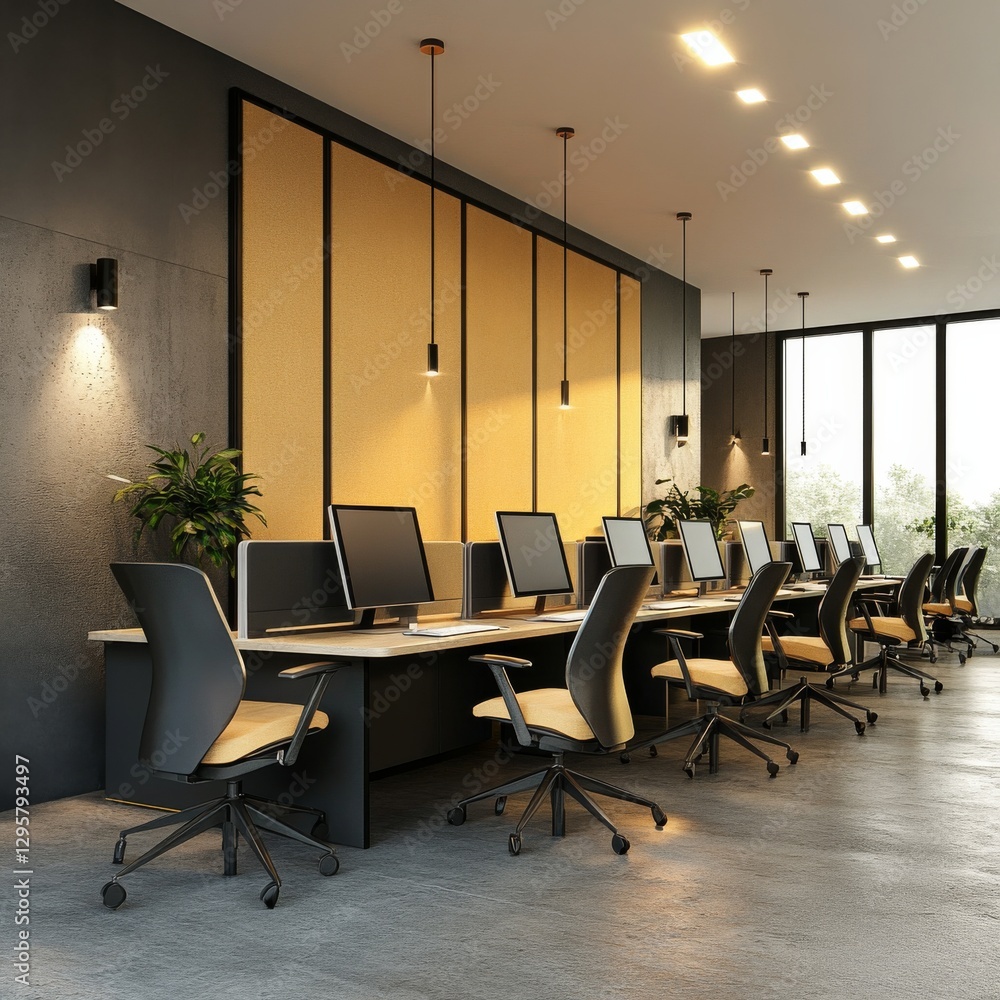 Aufkleber modern office space with computers and natural light - sleek design and ergonomic chairs enhancing w
