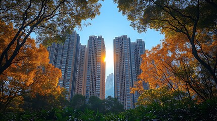 Obraz premium Autumn Sun Through Trees, Cityscape View, Park, Sunrise