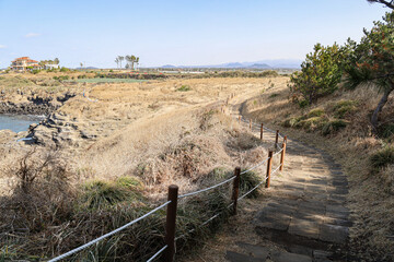 바다와 언덕이 어우러진 풍경 제주 제주시 한경면 용수리 올레길 12코스 생이기정