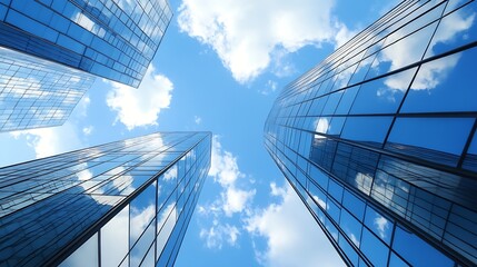Skyscrapers viewed from below against blue sky with clouds and glass reflections : Generative AI
