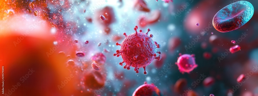 Poster close-up representation of viruses and red blood cells in a colorful microscopic environment with ab