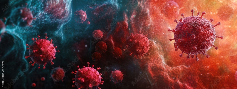 Poster close-up view of viruses in a colorful abstract background representing disease and infection in a s