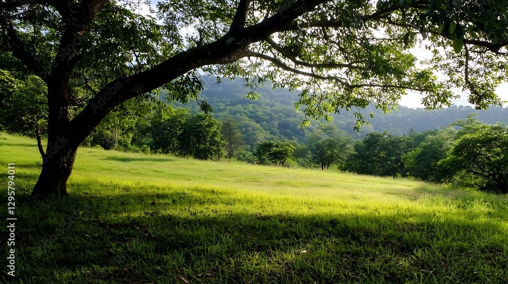 Poster beautiful lush green meadow under a canopy of trees in nature : generative ai