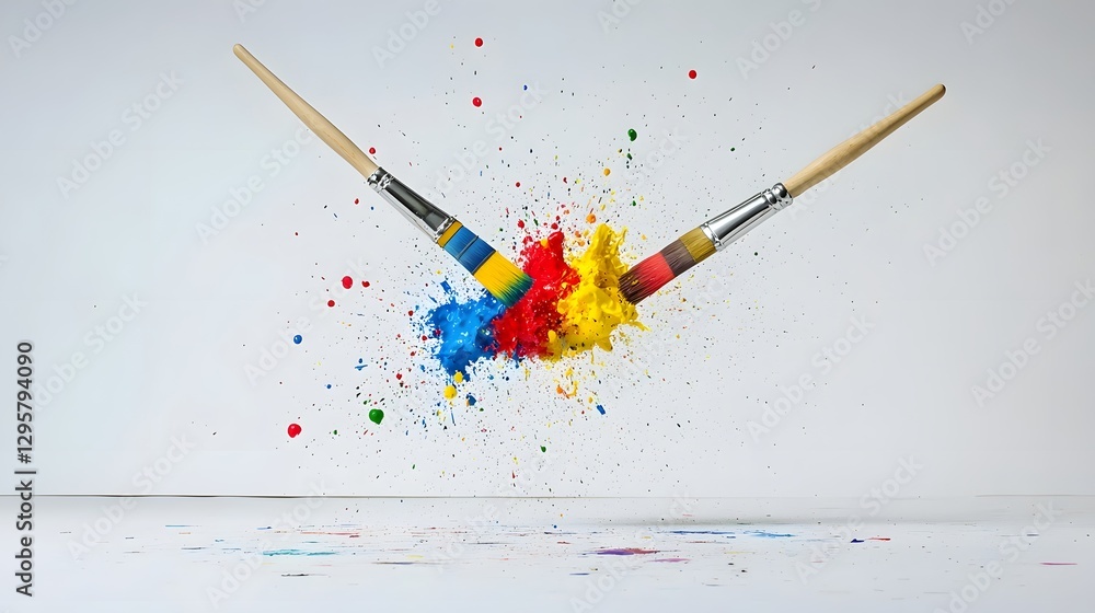 Poster Vibrant Collision A high speed capture of two paintbrushes colliding with paint splattering in a burst of vibrant colors evoking a sense of expression energy and motion