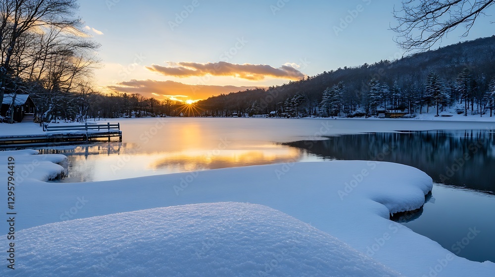 Poster snowy landscape at sunset over a frozen lake with trees aligned on the shore : generative ai