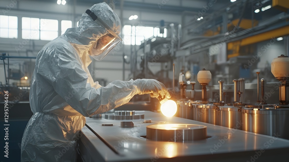 Poster worker in protective suit overseeing automated die casting process with molten metal injection in an