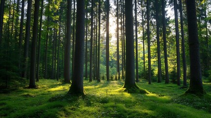 Obraz premium Sunlight Filtering Through Tall Trees in a Lush Green Forest Creating a Serene Atmosphere : Generative AI