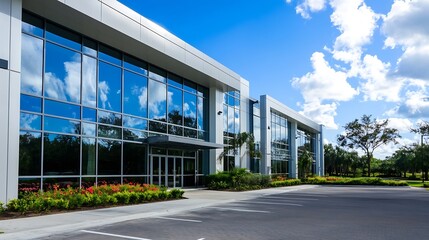 Obraz premium Modern commercial building exterior with glass windows and vibrant landscaping : Generative AI
