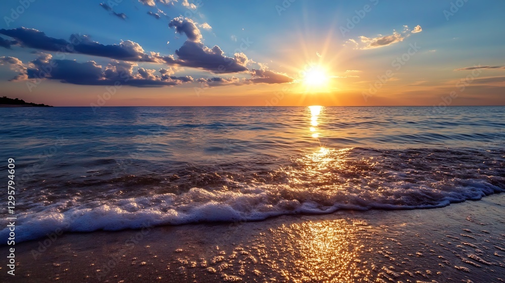 Poster Stunning Sunset Over Calm Ocean Waves with Colorful Sky Reflections and Relaxing Vibes : Generative AI