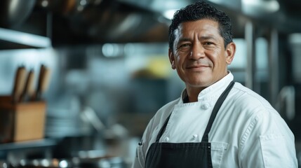 Obraz premium Experienced chef in a professional kitchen smiling confidently, showcasing culinary skills and passion for cooking in a vibrant restaurant environment
