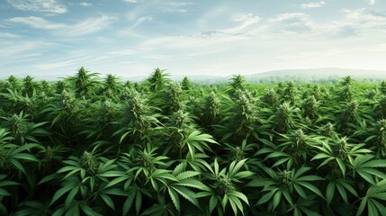 Field of healthy marijuana plants growing under clear blue sky in agricultural landscape