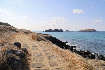 바다와 언덕이 어우러진 풍경 제주 제주시 한경면 용수리 올레길 12코스 생이기정