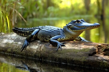 A Stunning Alligator Lying on a Log in a Serene Wetland Environment Surrounded by Lush Greenery and Calm Water Reflecting the Natural Beauty of the Habitat