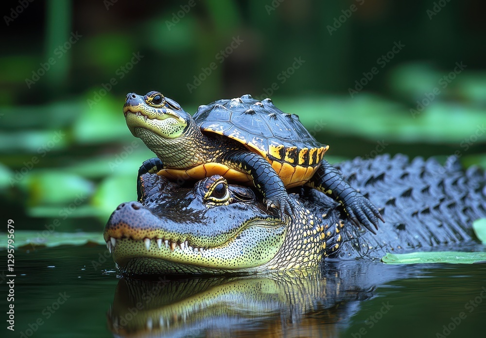 Aufkleber a unique interaction in nature: a turtle resting on the back of a crocodile in a calm wetland enviro