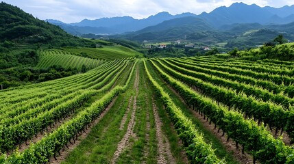 Stunning Vineyard Landscape with Lush Green Grapevines Against a Mountainous Backdrop : Generative AI