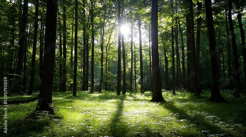 Poster Sunlight Streaming Through Tall Trees in a Lush Green Forest Creating Beautiful Shadows on the Ground : Generative AI