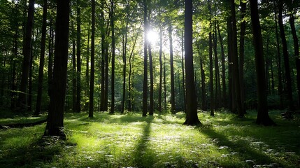 Obraz premium Sunlight Streaming Through Tall Trees in a Lush Green Forest Creating Beautiful Shadows on the Ground : Generative AI