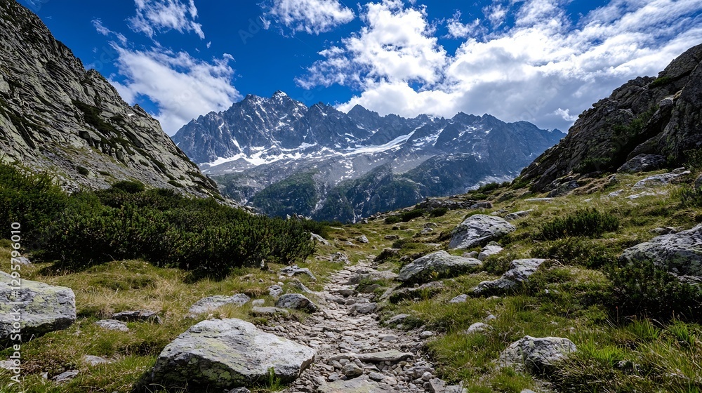Aufkleber breathtaking mountain view with scenic trail under bright blue sky and clouds in daylight : generati